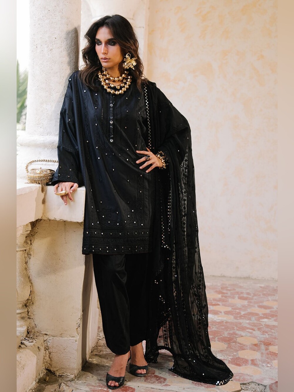 Ideas by Gul Ahmad Emberoidred,Mirrorwork Black Kurta Set with Dupatta (XL SIZE)